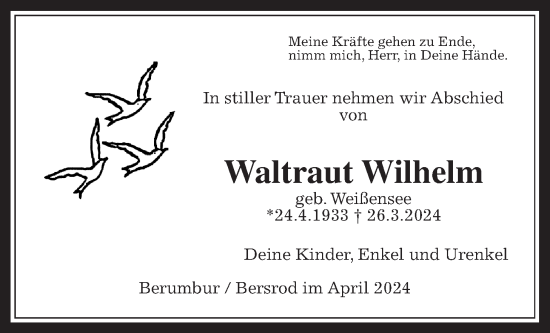 Traueranzeige von Waltraud Wilhelm von Giessener Allgemeine, Alsfelder Allgemeine