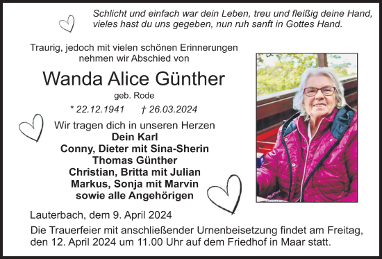 Traueranzeige von Wanda Alice Günther von Lauterbacher Anzeiger