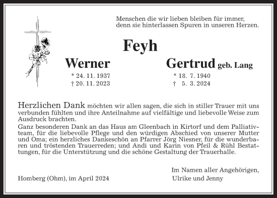 Traueranzeige von Werner Feyh von Giessener Allgemeine, Alsfelder Allgemeine, Giessener Allgemeine, Alsfelder Allgemeine