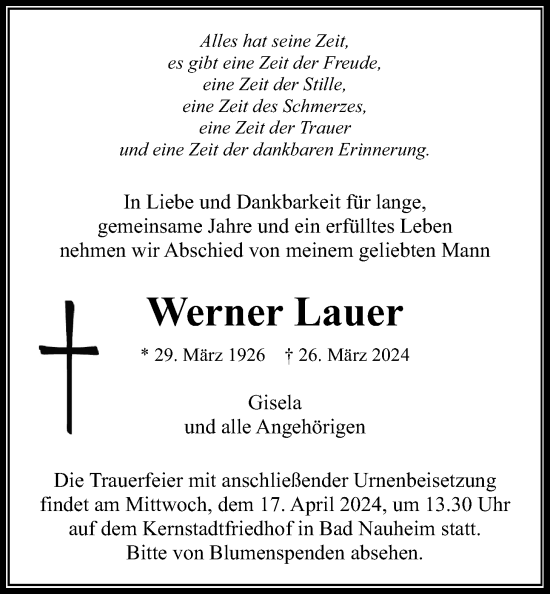 Traueranzeige von Werner Lauer von Wetterauer Zeitung