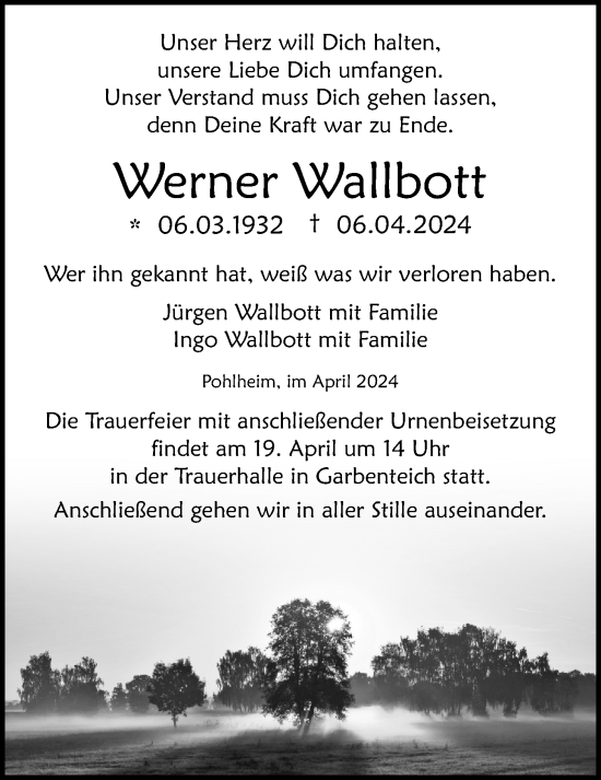Traueranzeige von Werner Wallbott von Giessener Anzeiger, Giessener Allgemeine, Alsfelder Allgemeine