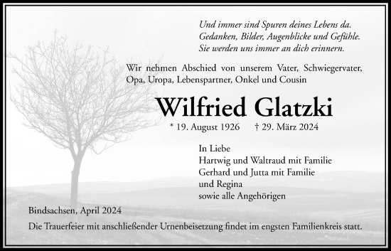 Traueranzeige von Wilfried Glatzki von Kreis-Anzeiger