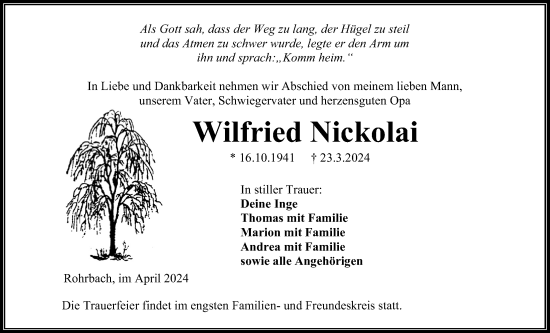 Traueranzeige von Wilfried Nickolai von Kreis-Anzeiger