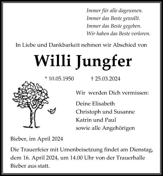 Traueranzeige von Willi Jungfer von Giessener Allgemeine, Alsfelder Allgemeine
