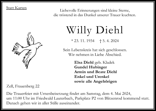 Traueranzeige von Willy Diehl von Oberhessische Zeitung, 
