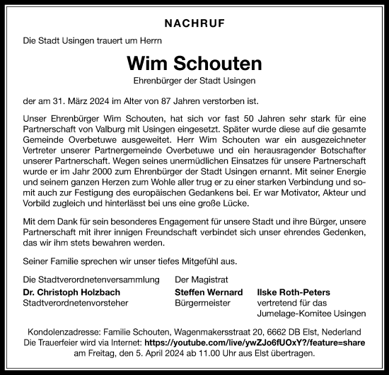 Traueranzeige von Wim Schouten von Usinger Anzeiger