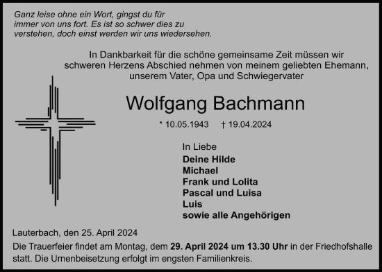 Traueranzeige von Wolfgang Bachmann von Lauterbacher Anzeiger