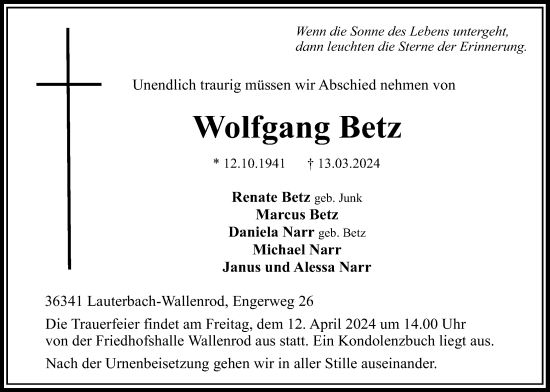 Traueranzeige von Wolfgang Betz von Lauterbacher Anzeiger, Oberhessische Zeitung