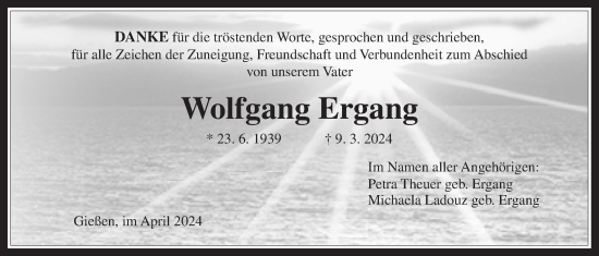 Traueranzeige von Wolfgang Ergang von Giessener Anzeiger, Giessener Allgemeine, Alsfelder Allgemeine