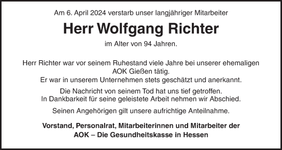 Traueranzeige von Wolfgang Richter von Giessener Allgemeine, Alsfelder Allgemeine, Giessener Anzeiger