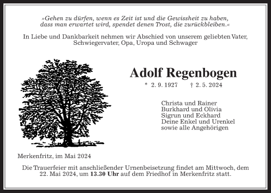 Traueranzeige von Adolf Regenbogen von Kreis-Anzeiger