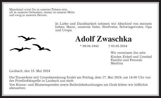 Traueranzeige von Adolf Zwaschka von Laubacher Anzeiger