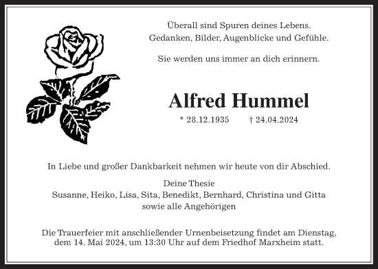 Traueranzeige von Alfred Hummel 