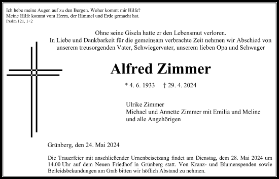 Traueranzeige von Alfred Zimmer von Giessener Allgemeine, Alsfelder Allgemeine