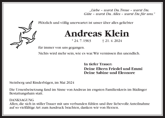 Traueranzeige von Andreas Klein von Kreis-Anzeiger