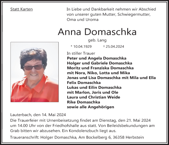 Traueranzeige von Anna Domaschka von Lauterbacher Anzeiger