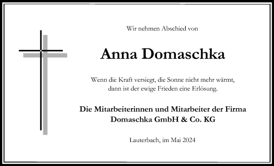 Traueranzeige von Anna Domaschka von Lauterbacher Anzeiger