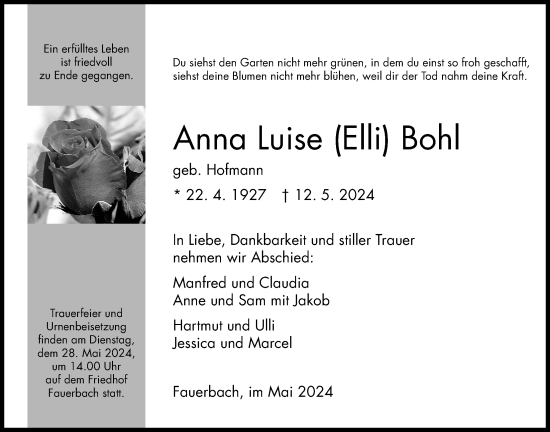 Traueranzeige von Anna Luise Bohl von Kreis-Anzeiger