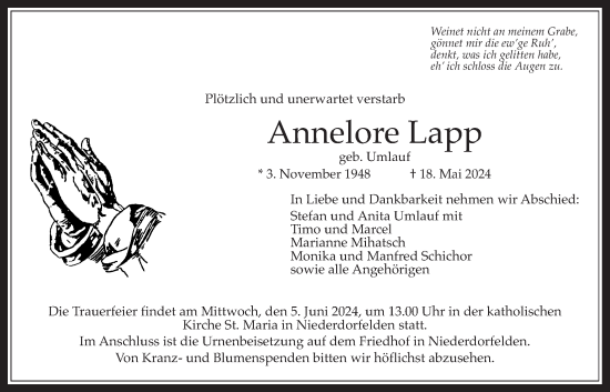 Traueranzeige von Annelore Lapp von Bad Vilbel/Karben