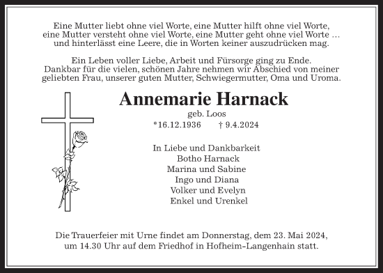 Traueranzeige von Annemarie Harnack 