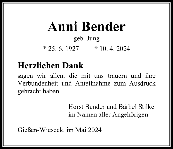 Traueranzeige von Anni Bender von Giessener Allgemeine, Alsfelder Allgemeine