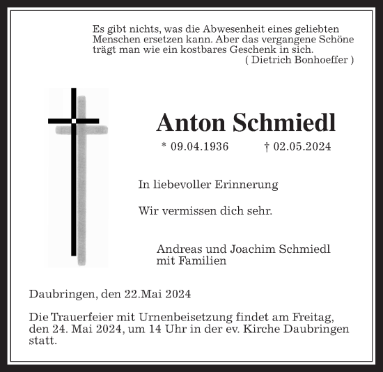 Traueranzeige von Anton Schmiedl von Giessener Allgemeine, Alsfelder Allgemeine