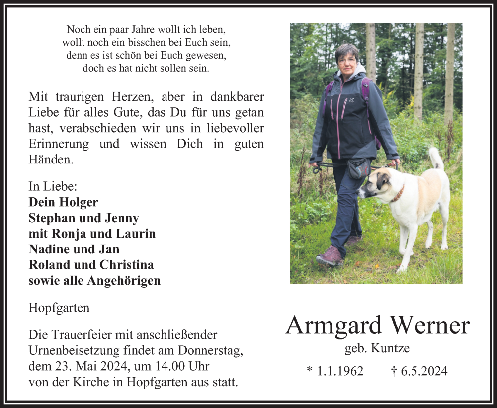  Traueranzeige für Armgard Werner vom 18.05.2024 aus Oberhessische Zeitung
