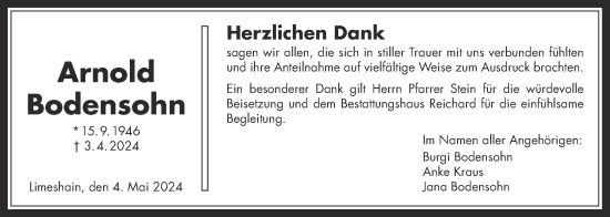 Traueranzeige von Arnold Bodensohn von Kreis-Anzeiger