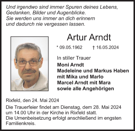 Traueranzeige von Artur Arndt von Lauterbacher Anzeiger