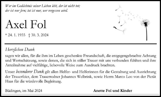 Traueranzeige von Axel Fol von Kreis-Anzeiger