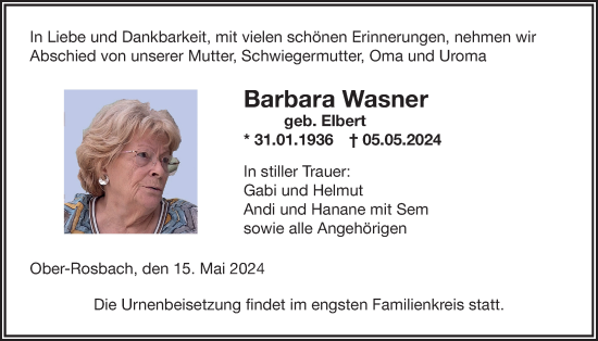 Traueranzeige von Barbara Wasner von Wetterauer Zeitung