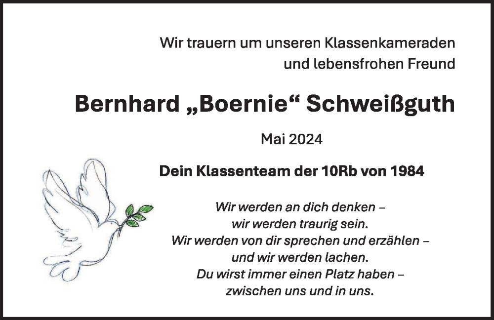  Traueranzeige für Bernhard Schweißguth vom 31.05.2024 aus Alsfelder Allgemeine, Oberhessische Zeitung