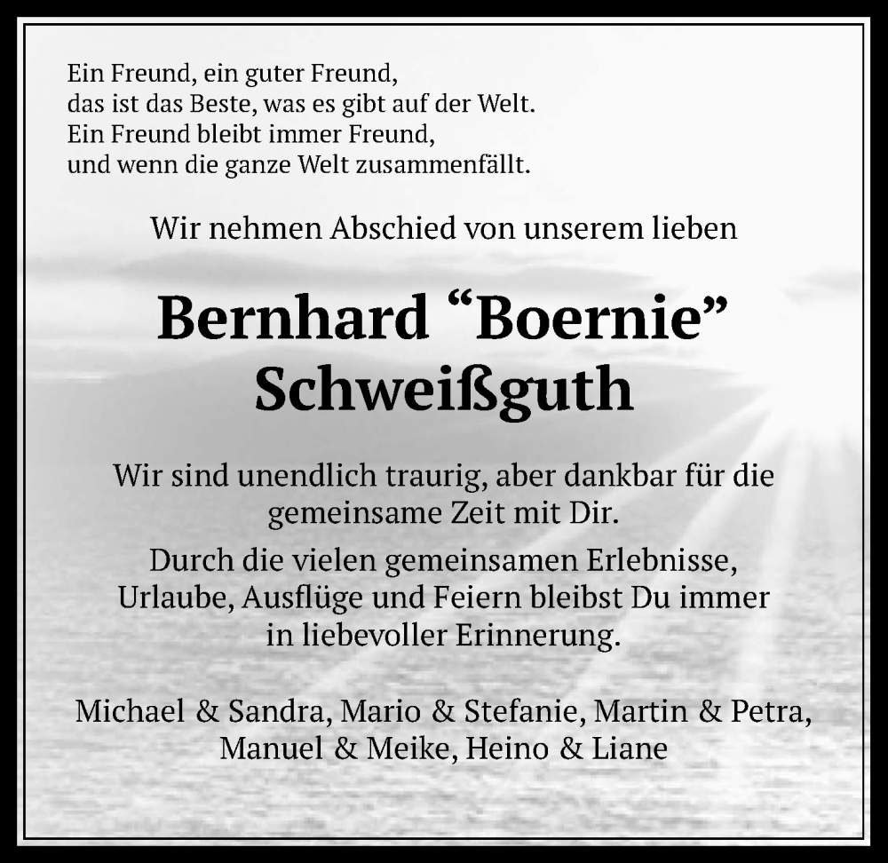  Traueranzeige für Bernhard Schweißguth vom 28.05.2024 aus Oberhessische Zeitung