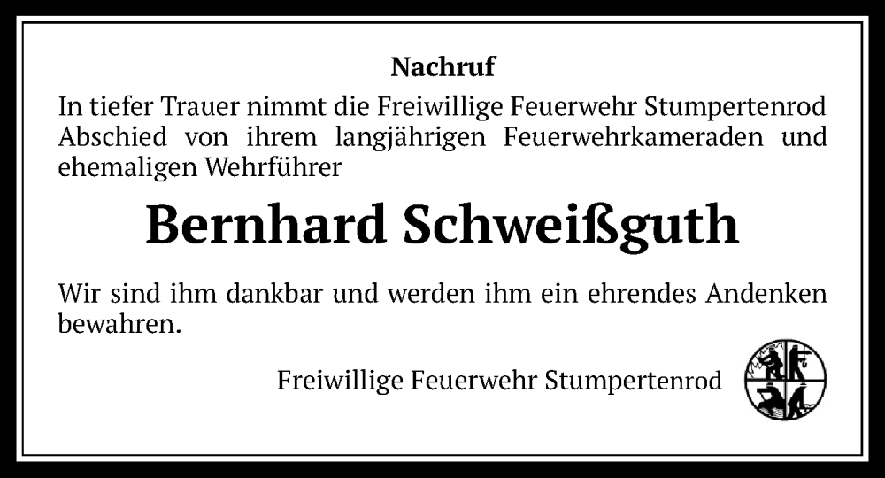  Traueranzeige für Bernhard Schweißguth vom 31.05.2024 aus Alsfelder Allgemeine, Oberhessische Zeitung