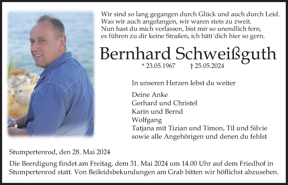  Traueranzeige für Bernhard Schweißguth vom 28.05.2024 aus Giessener Allgemeine, Alsfelder Allgemeine, Oberhessische Zeitung