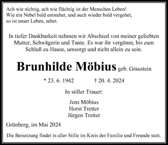 Traueranzeige von Brunhilde Möbius von Giessener Allgemeine, Alsfelder Allgemeine, Oberhessische Zeitung