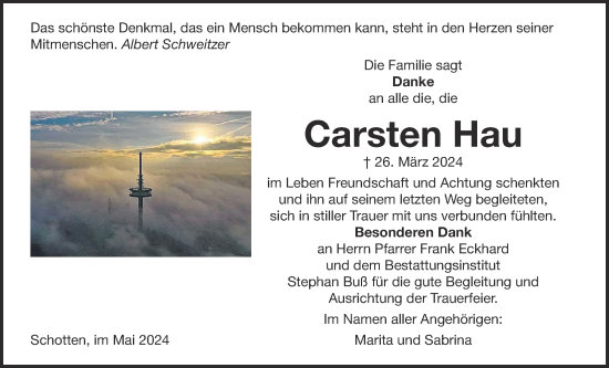 Traueranzeige von Carsten Hau von Kreis-Anzeiger