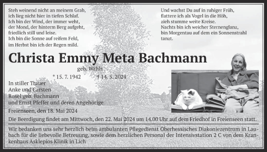 Traueranzeige von Christa Emmy Meta Bachmann von Giessener Allgemeine, Alsfelder Allgemeine
