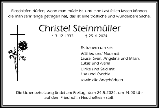 Traueranzeige von Christel Steinmüller von Giessener Allgemeine, Alsfelder Allgemeine, Giessener Anzeiger