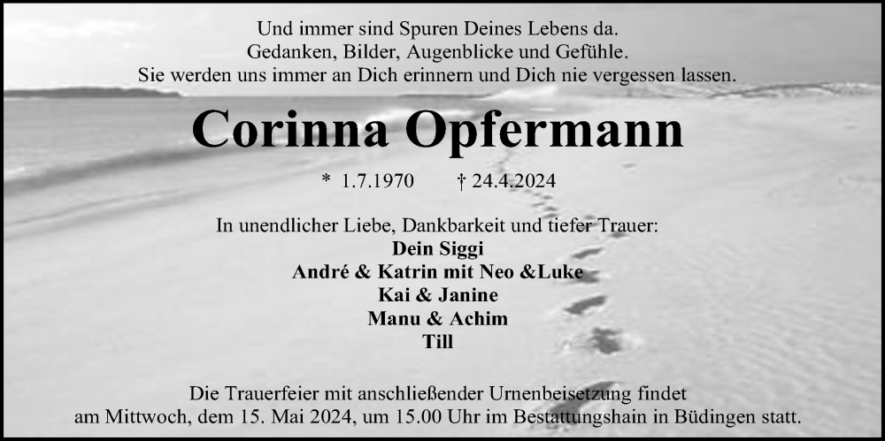  Traueranzeige für Corinna Opfermann vom 11.05.2024 aus Kreis-Anzeiger