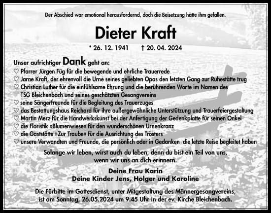 Traueranzeige von Dieter Kraft von Kreis-Anzeiger