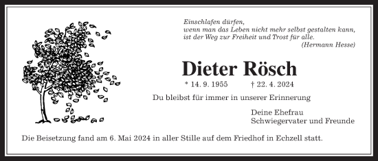 Traueranzeige von Dieter Rösch von Wetterauer Zeitung