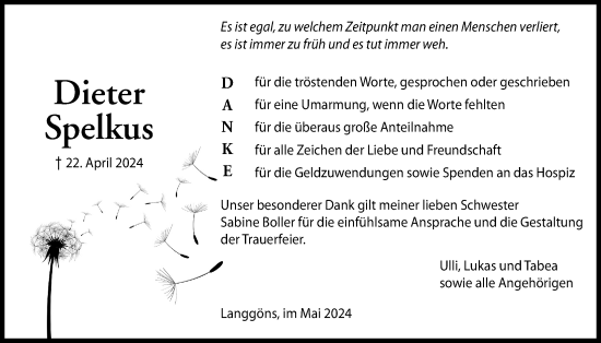 Traueranzeige von Dieter Spelkus von Giessener Allgemeine, Alsfelder Allgemeine