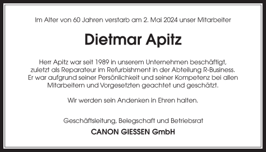 Traueranzeige von Dietmar Apitz von Giessener Allgemeine, Giessener Anzeiger, Alsfelder Allgemeine