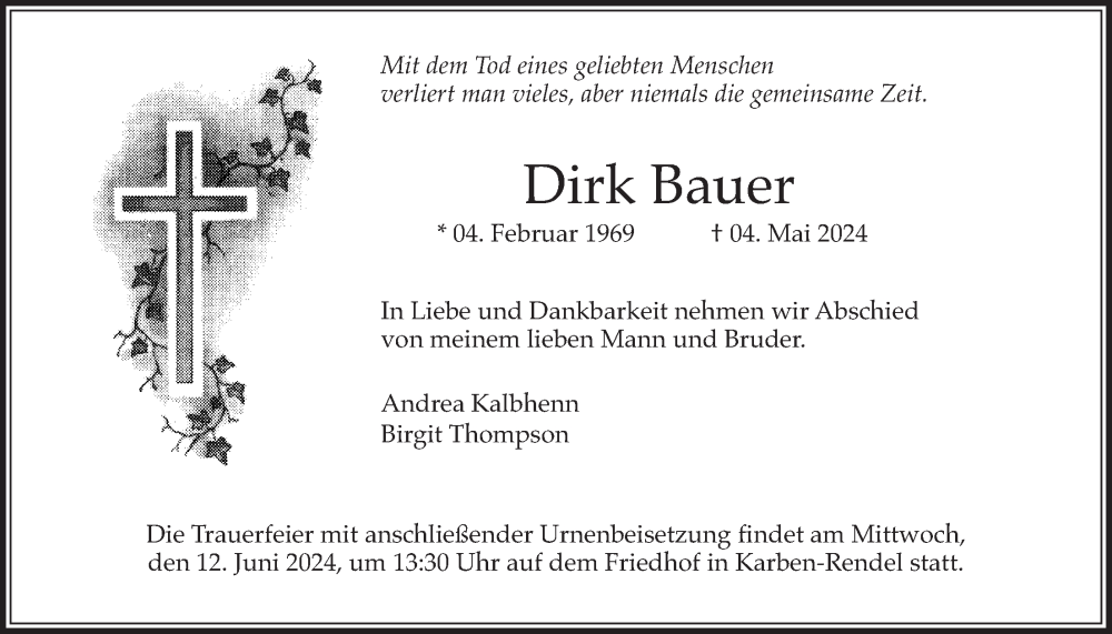  Traueranzeige für Dirk Bauer vom 25.05.2024 aus Wetterauer Zeitung