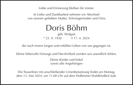 Traueranzeige von Doris Böhm 