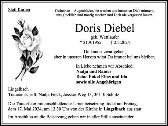Traueranzeige von Doris Diebel von Oberhessische Zeitung