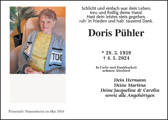 Traueranzeige von Doris Pühler von Wetterauer Zeitung