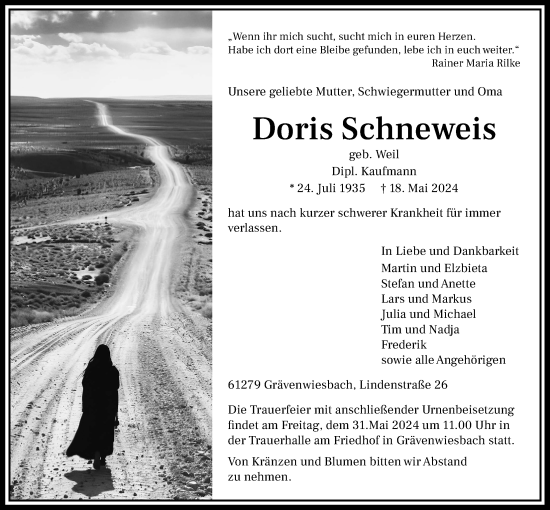 Traueranzeige von Doris Schneweis von Usinger Anzeiger, Wetterauer Zeitung