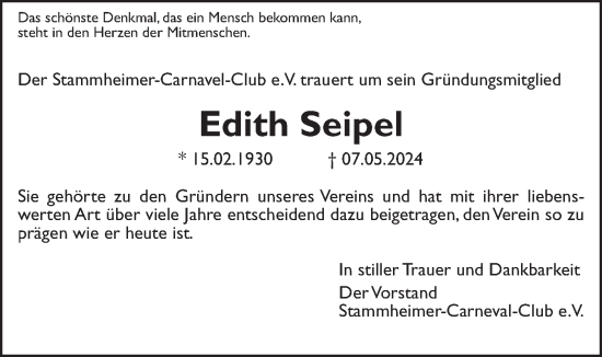 Traueranzeige von Edith Seipel von Wetterauer Zeitung